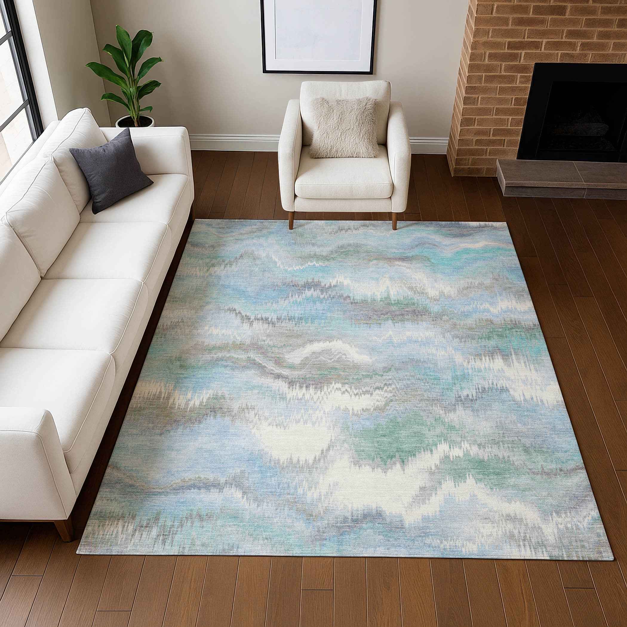 3' X 5' Denim Blue And Ivory Abstract Washable Indoor Outdoor Area Rug