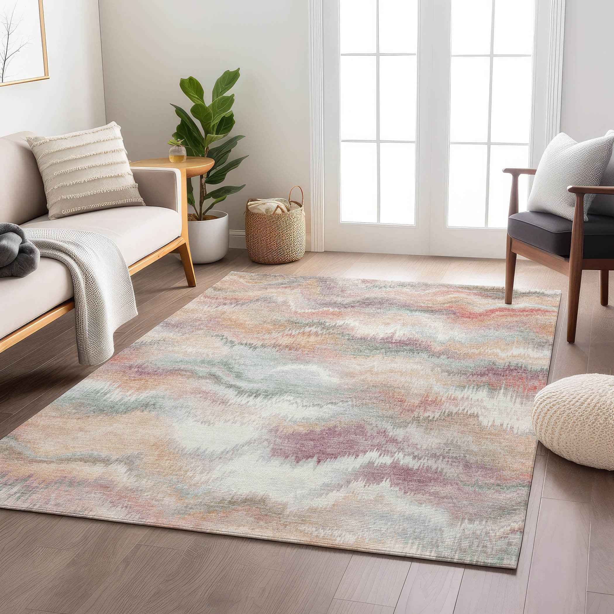5' X 8' Peach And Ivory Abstract Washable Indoor Outdoor Area Rug