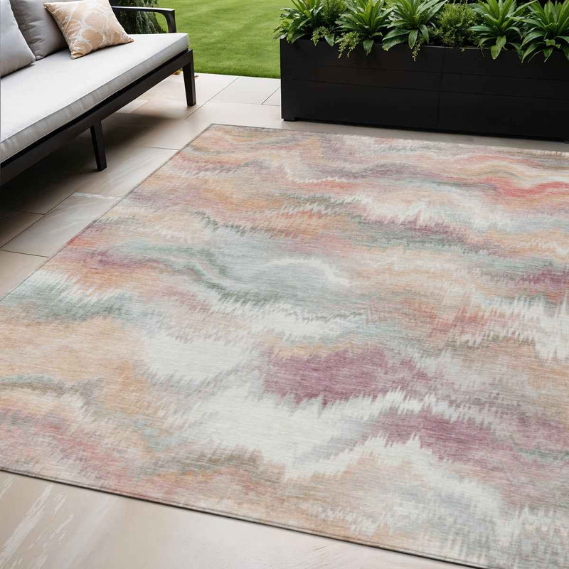 5' X 8' Peach And Ivory Abstract Washable Indoor Outdoor Area Rug