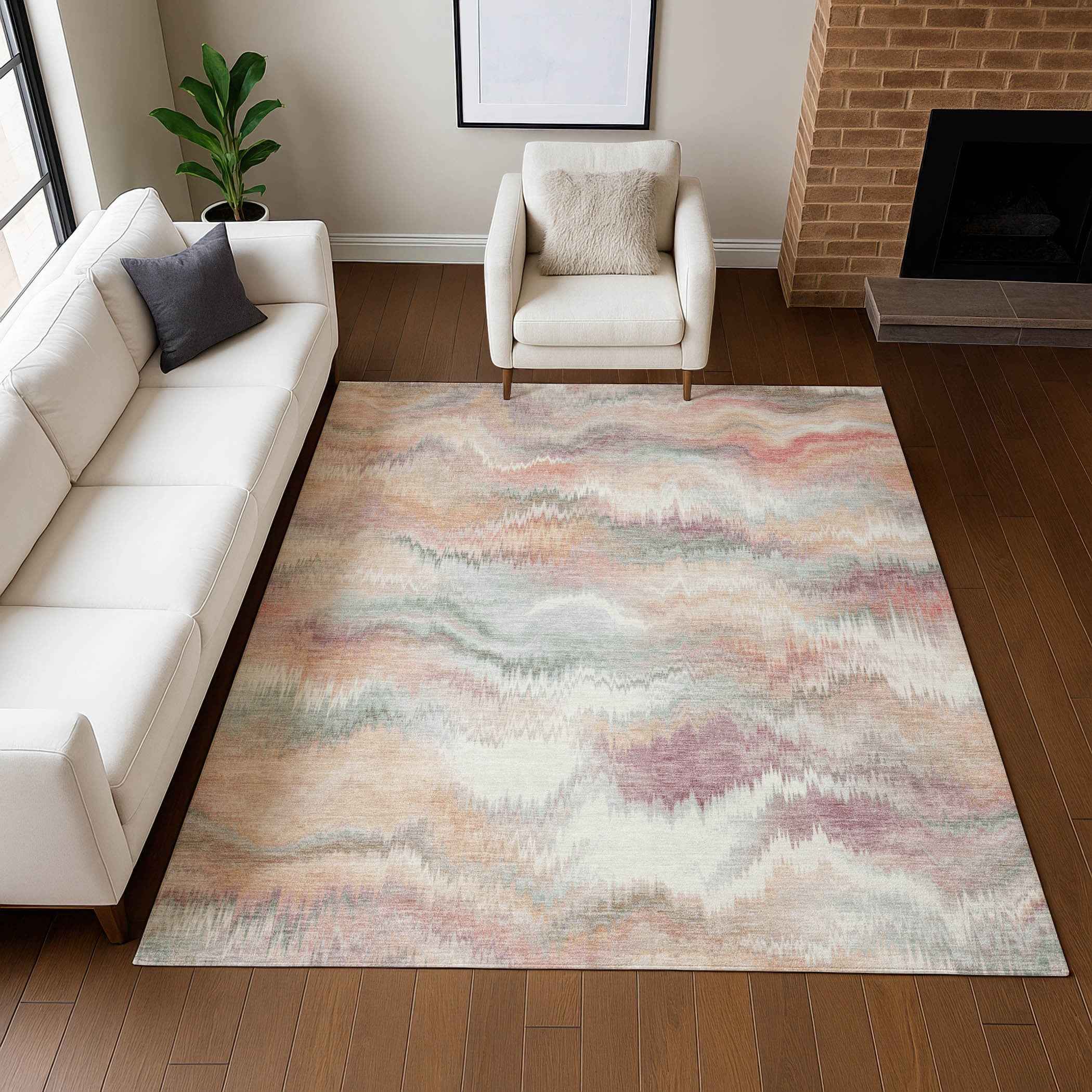 5' X 8' Peach And Ivory Abstract Washable Indoor Outdoor Area Rug