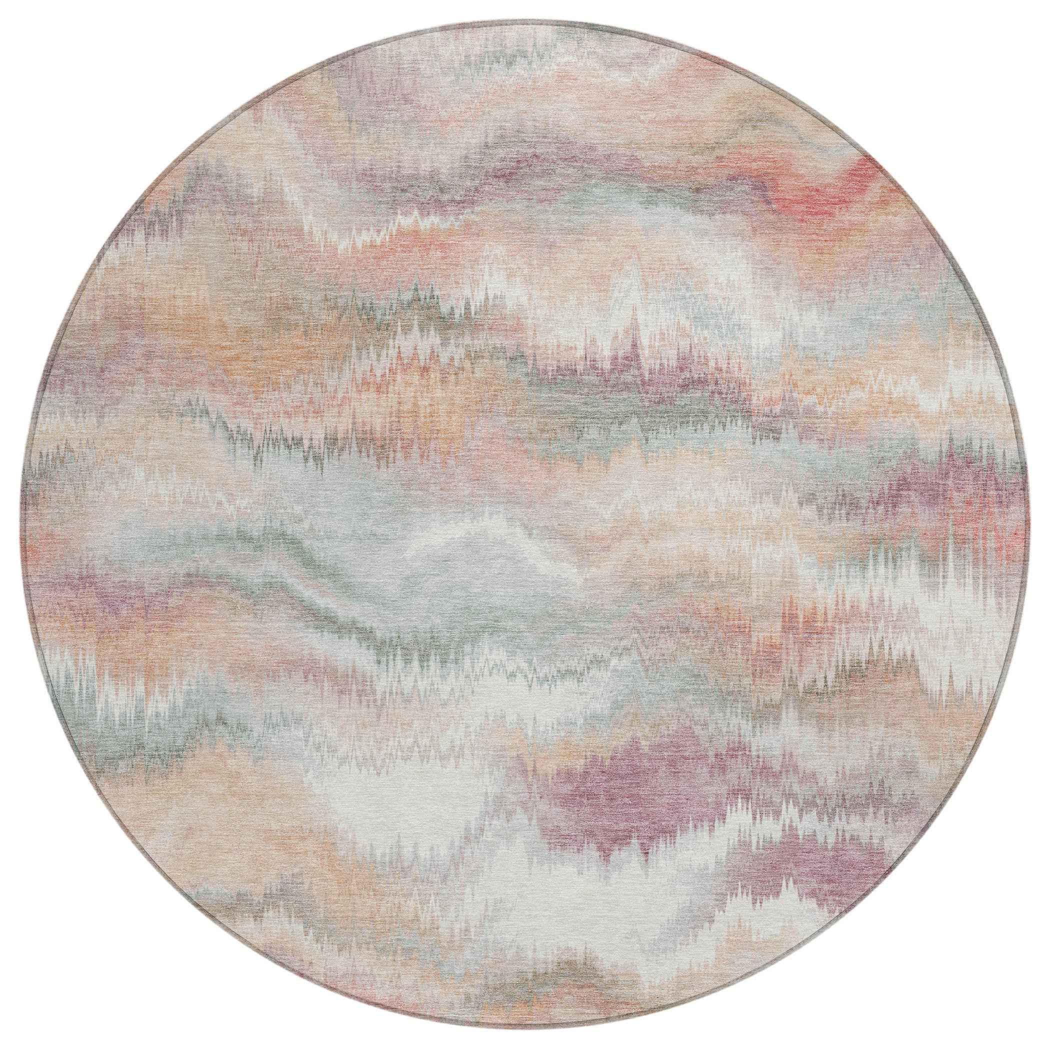 8' Peach And Ivory Round Abstract Washable Indoor Outdoor Area Rug