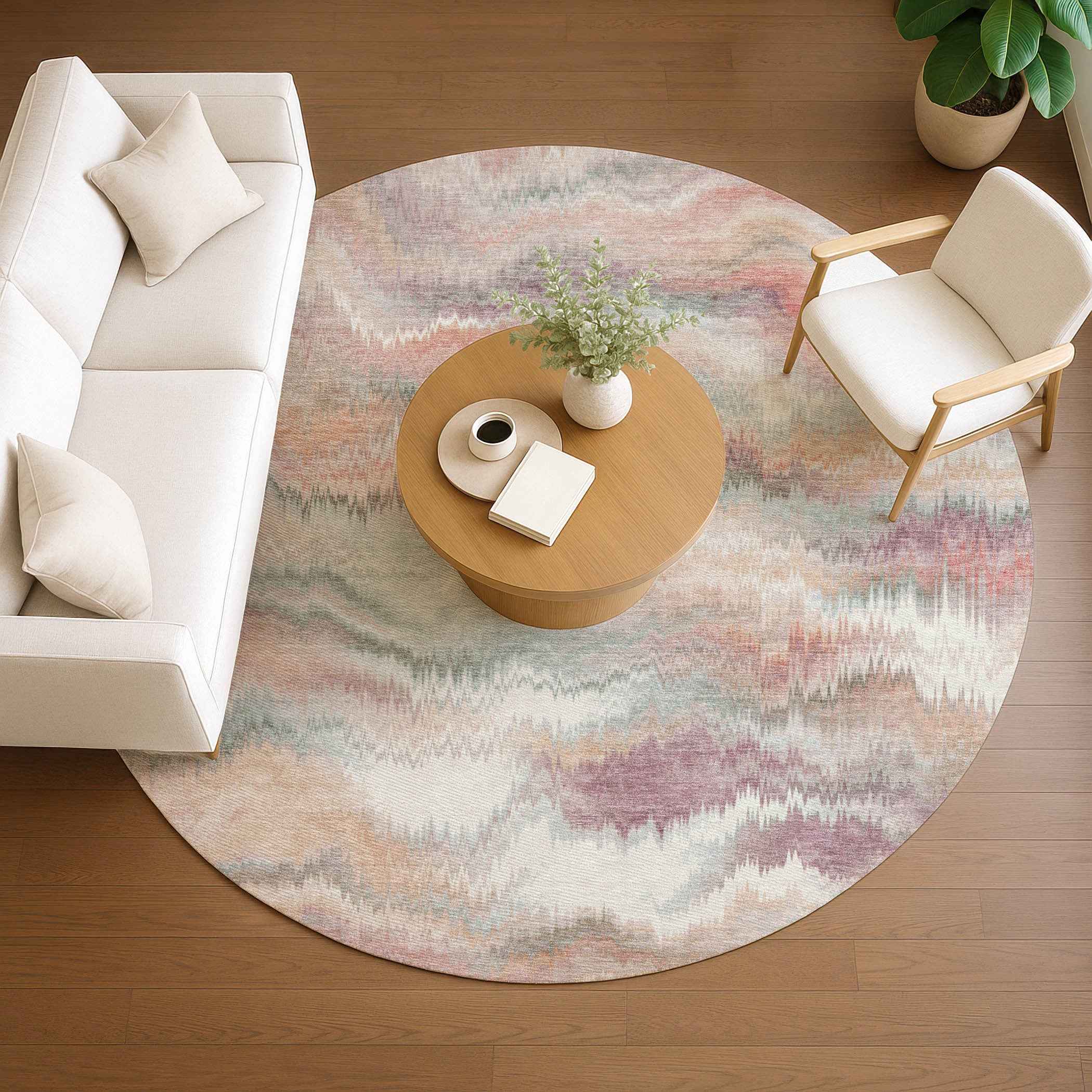 8' Peach And Ivory Round Abstract Washable Indoor Outdoor Area Rug