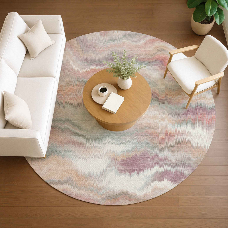 8' Peach And Ivory Round Abstract Washable Indoor Outdoor Area Rug