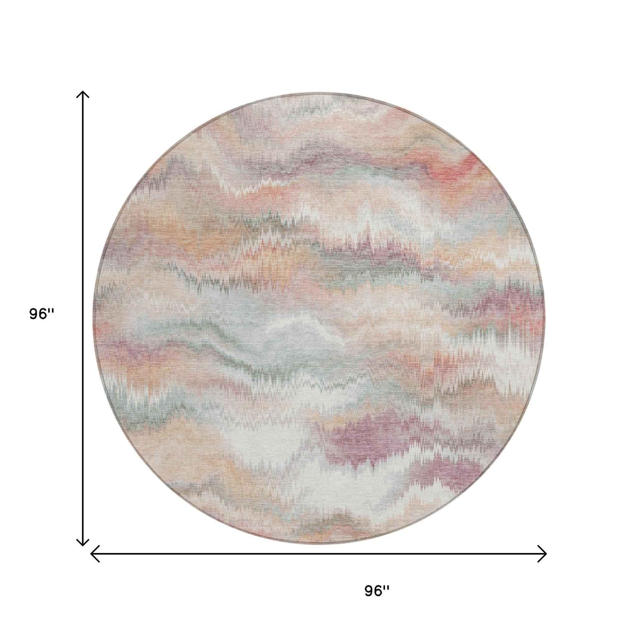 8' Peach And Ivory Round Abstract Washable Indoor Outdoor Area Rug