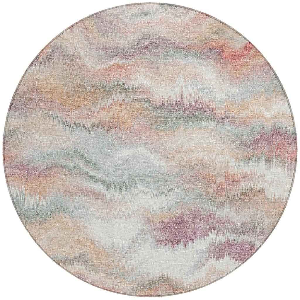 8' Peach And Ivory Round Abstract Washable Indoor Outdoor Area Rug