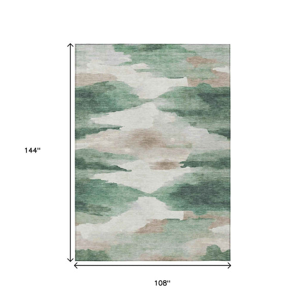 9' X 12' Green And Ivory Abstract Washable Indoor Outdoor Area Rug