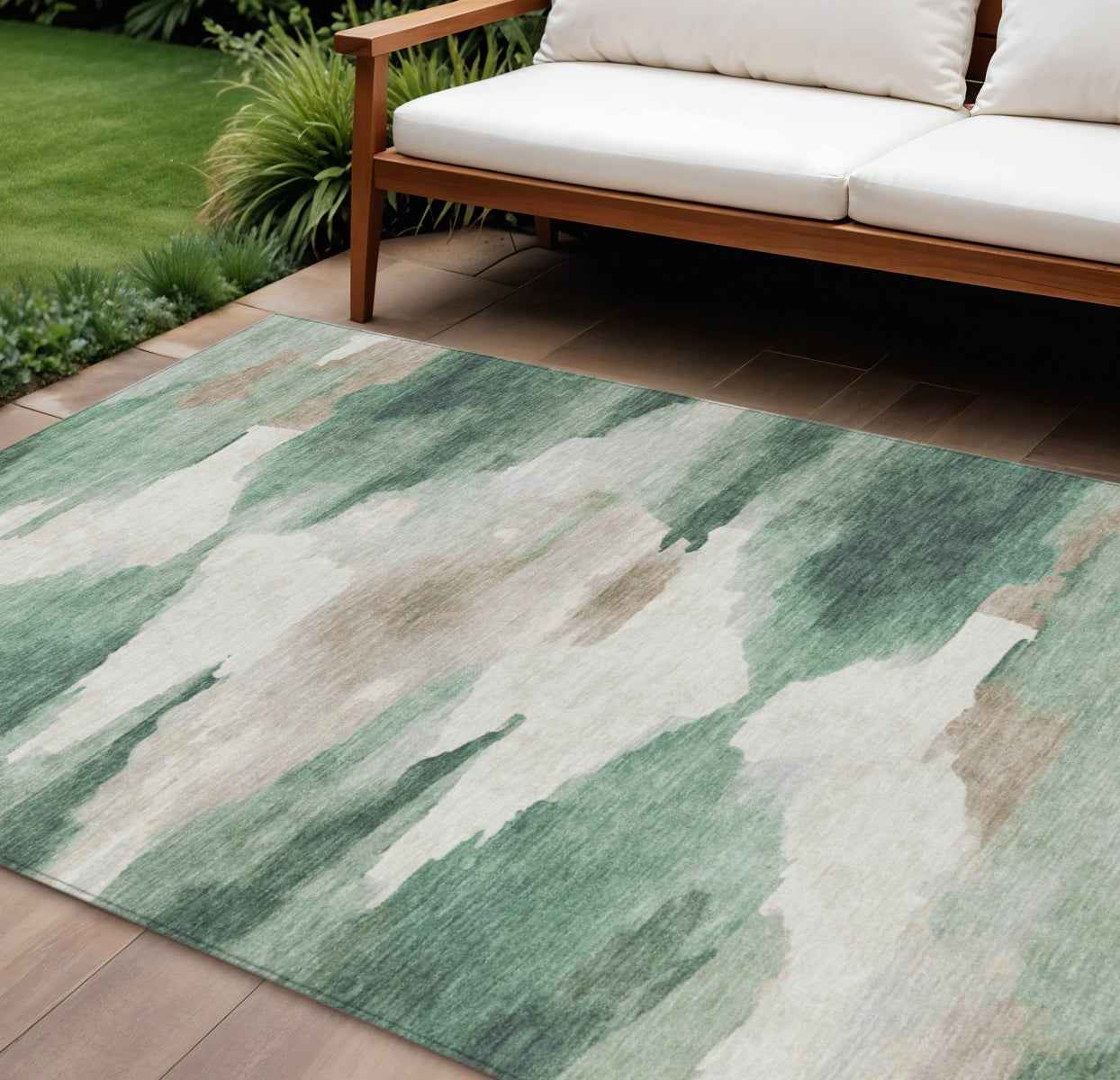 9' X 12' Green And Ivory Abstract Washable Indoor Outdoor Area Rug