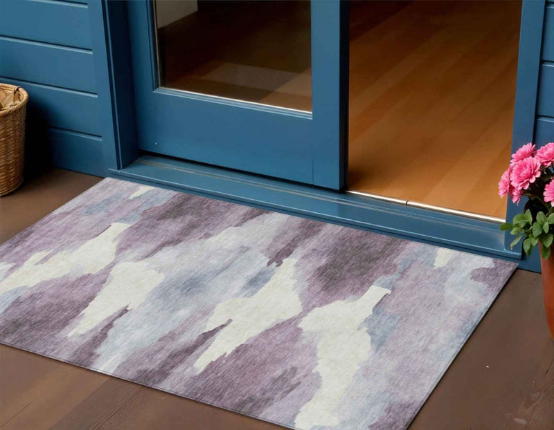 3' X 5' Plum And Ivory Abstract Washable Indoor Outdoor Area Rug