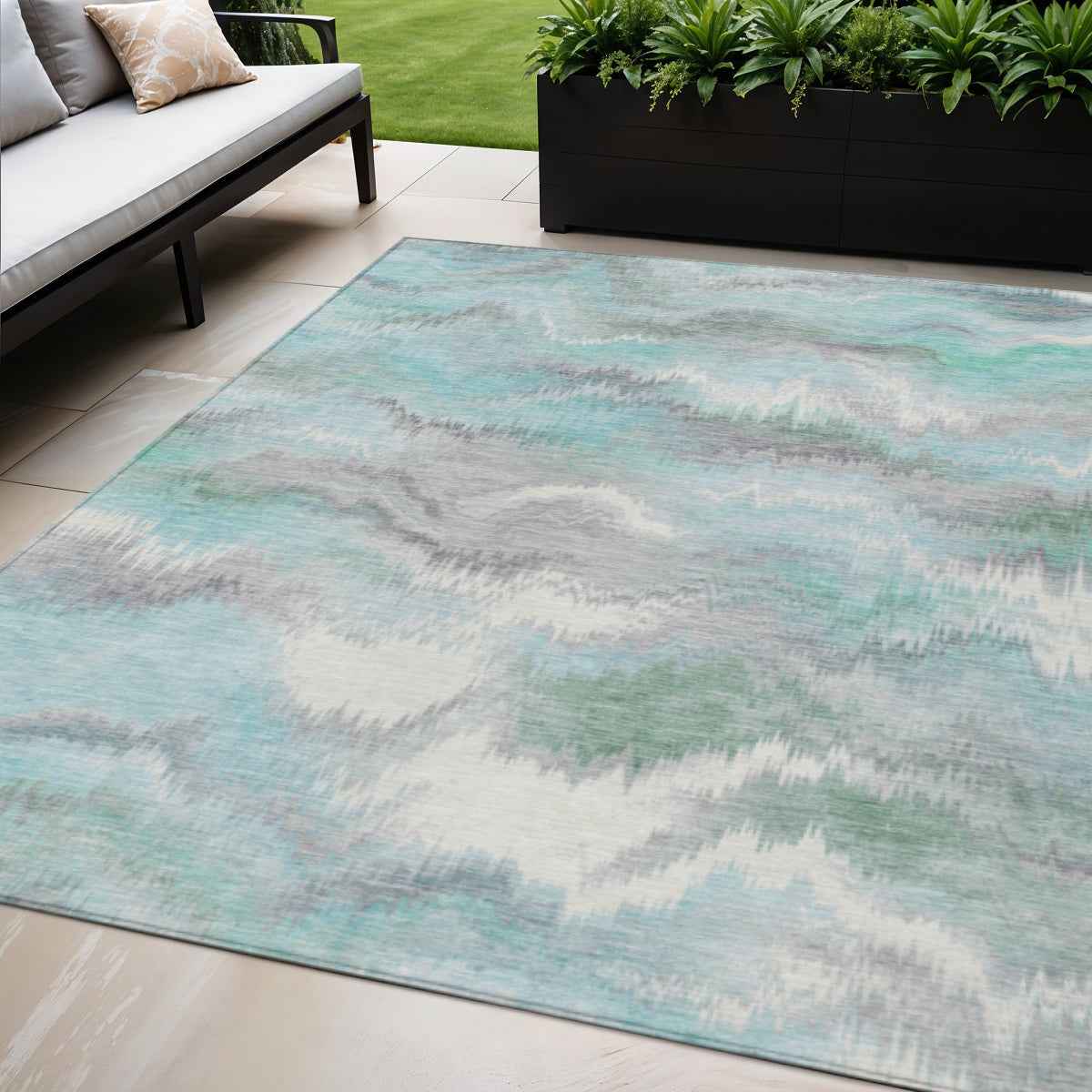 5' X 8' Teal Blue And Ivory Abstract Washable Indoor Outdoor Area Rug
