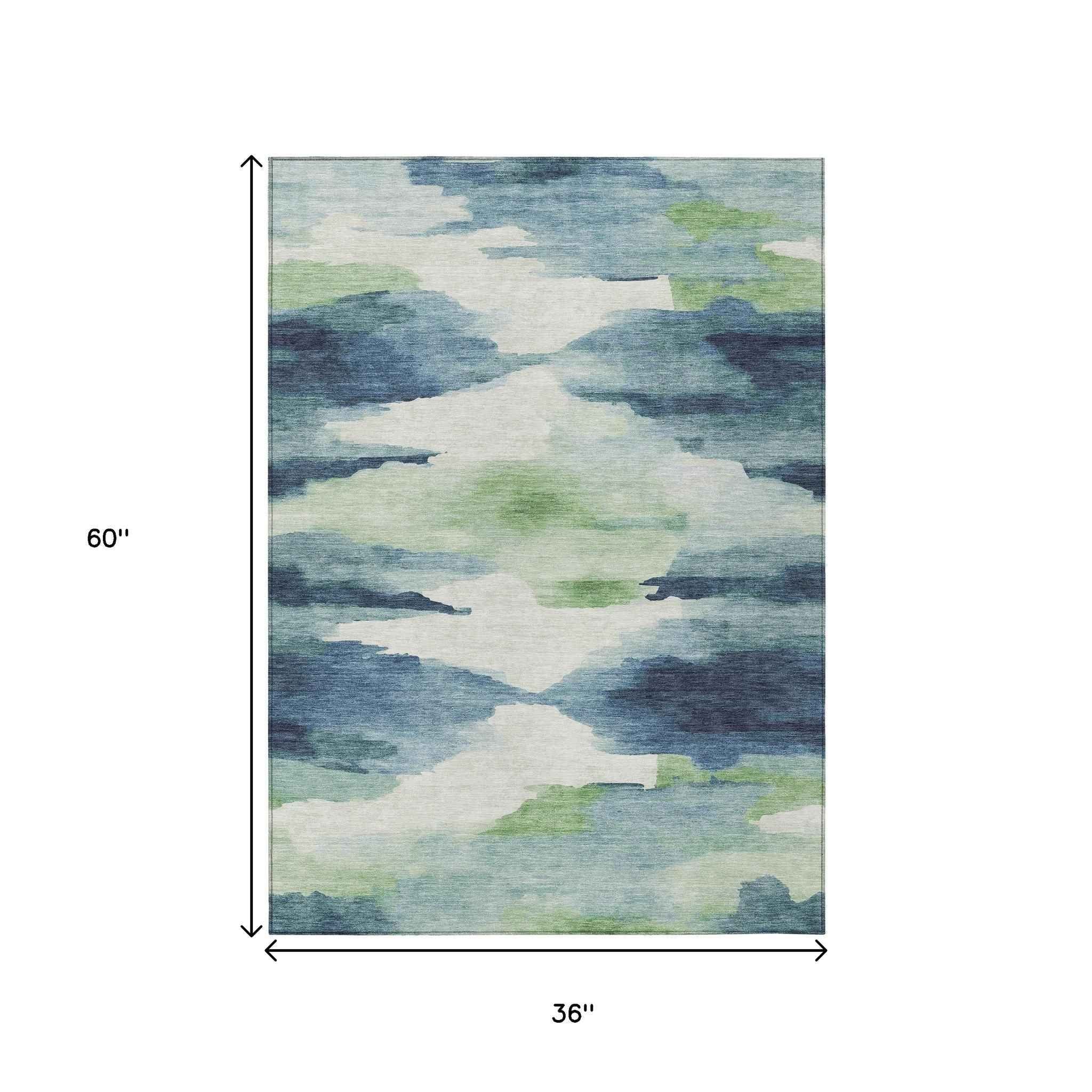 3' X 5' Blue Ivory And Green Abstract Washable Indoor Outdoor Area Rug