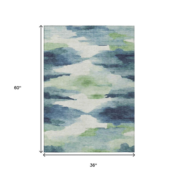 3' X 5' Blue Ivory And Green Abstract Washable Indoor Outdoor Area Rug