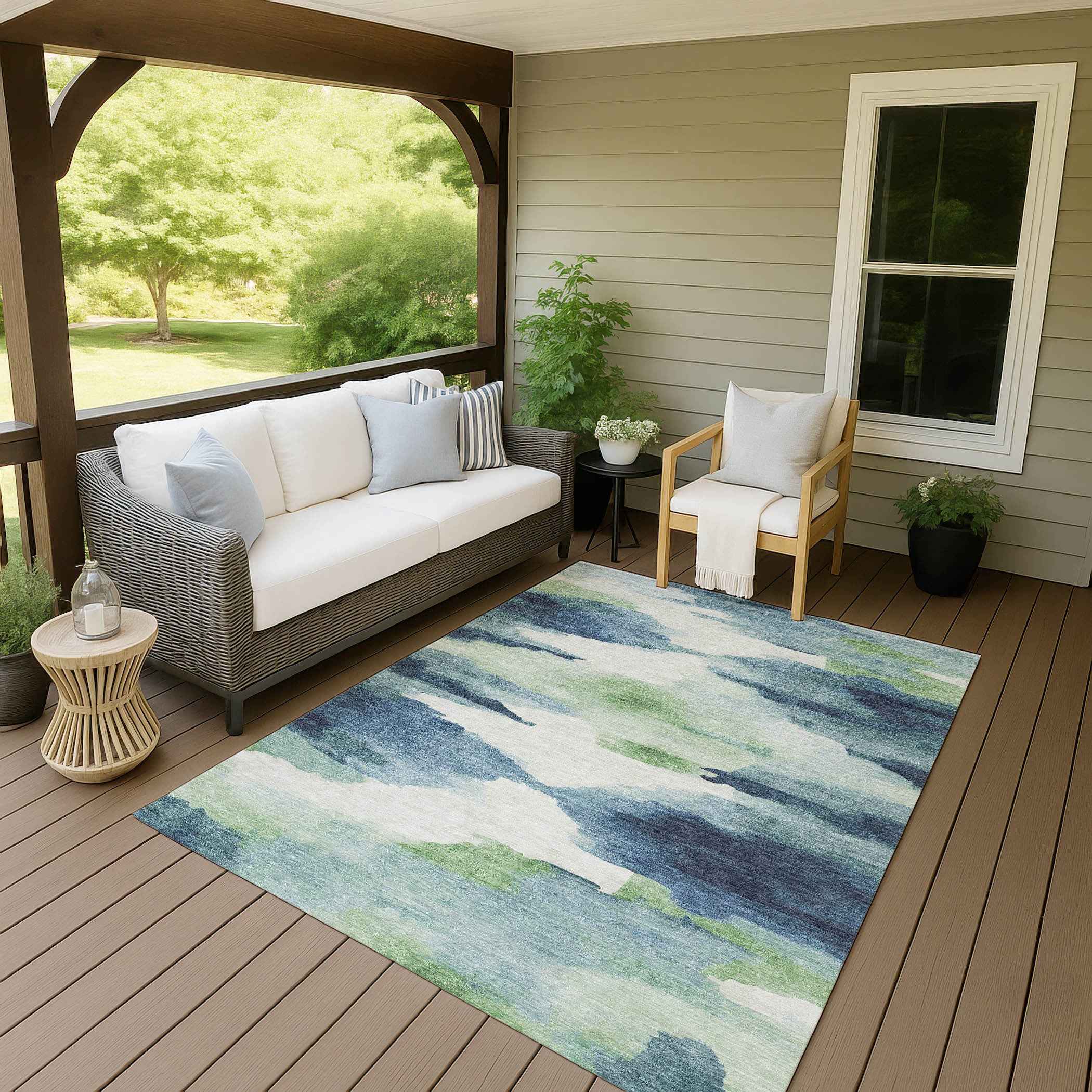 3' X 5' Blue Ivory And Green Abstract Washable Indoor Outdoor Area Rug