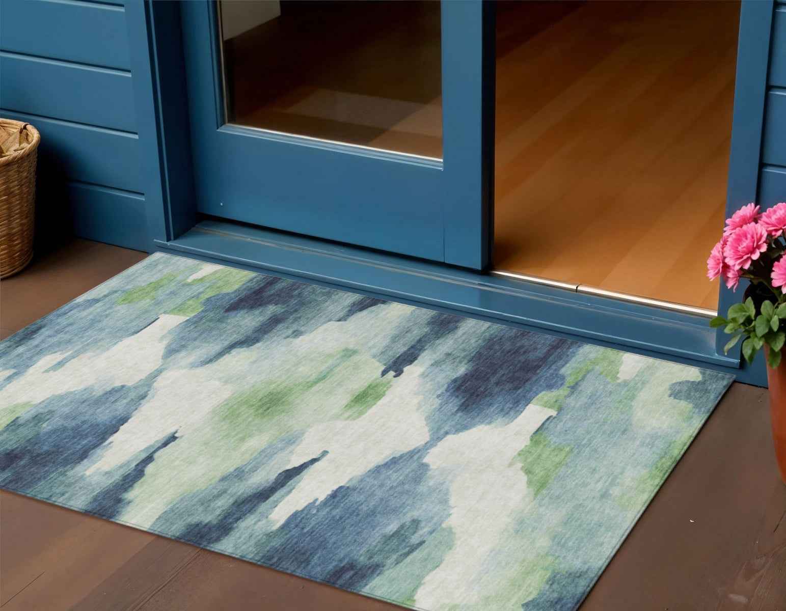 3' X 5' Blue Ivory And Green Abstract Washable Indoor Outdoor Area Rug