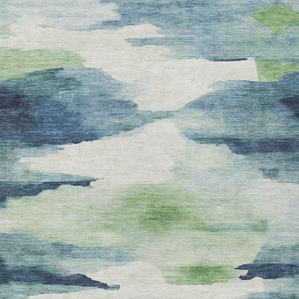 3' X 5' Blue Ivory And Green Abstract Washable Indoor Outdoor Area Rug