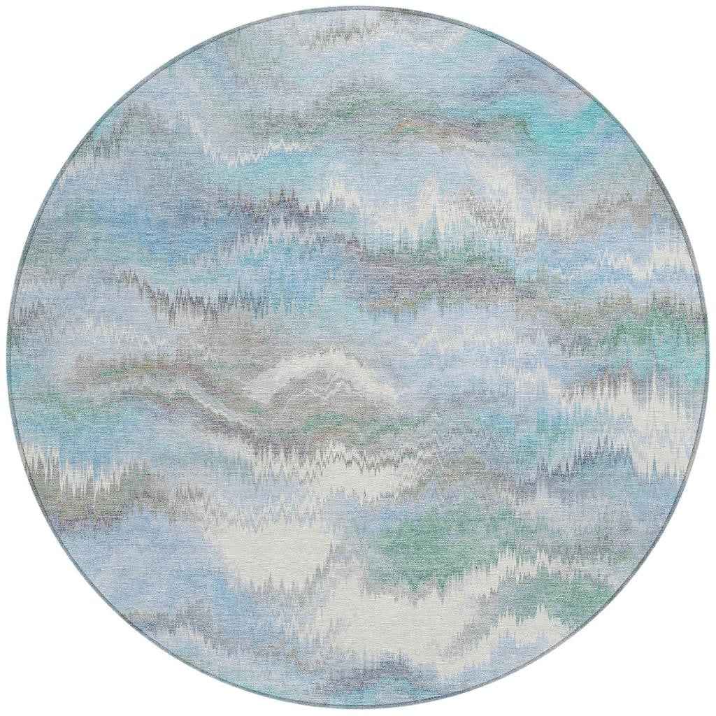 8' Denim Blue And Ivory Round Abstract Washable Indoor Outdoor Area Rug