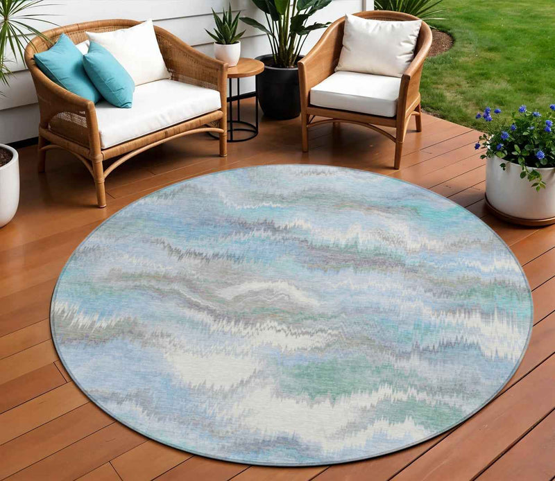 8' Denim Blue And Ivory Round Abstract Washable Indoor Outdoor Area Rug