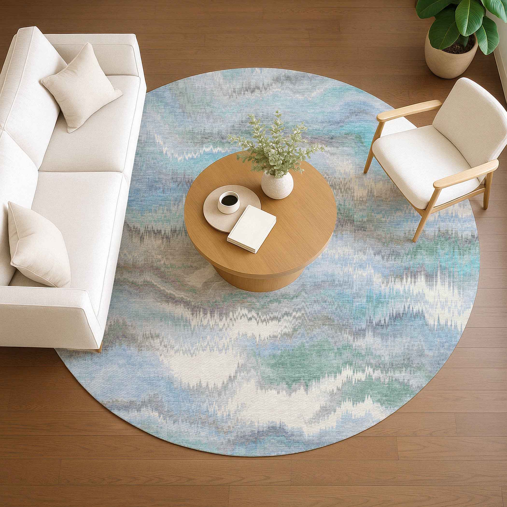 8' Denim Blue And Ivory Round Abstract Washable Indoor Outdoor Area Rug