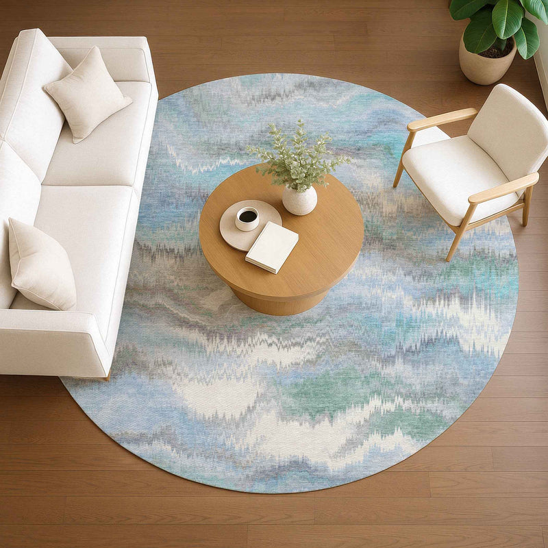 8' Denim Blue And Ivory Round Abstract Washable Indoor Outdoor Area Rug