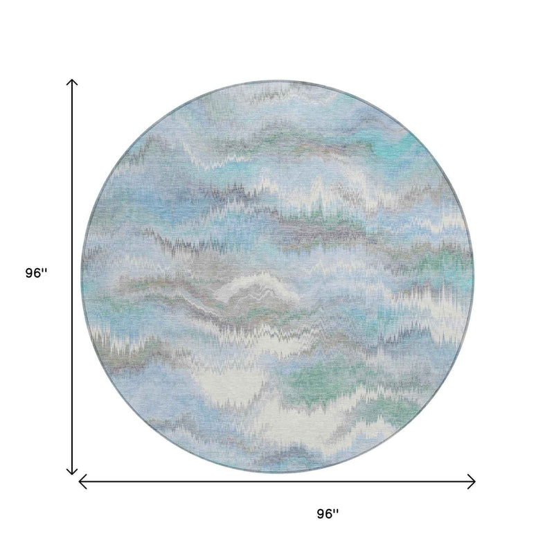 8' Denim Blue And Ivory Round Abstract Washable Indoor Outdoor Area Rug