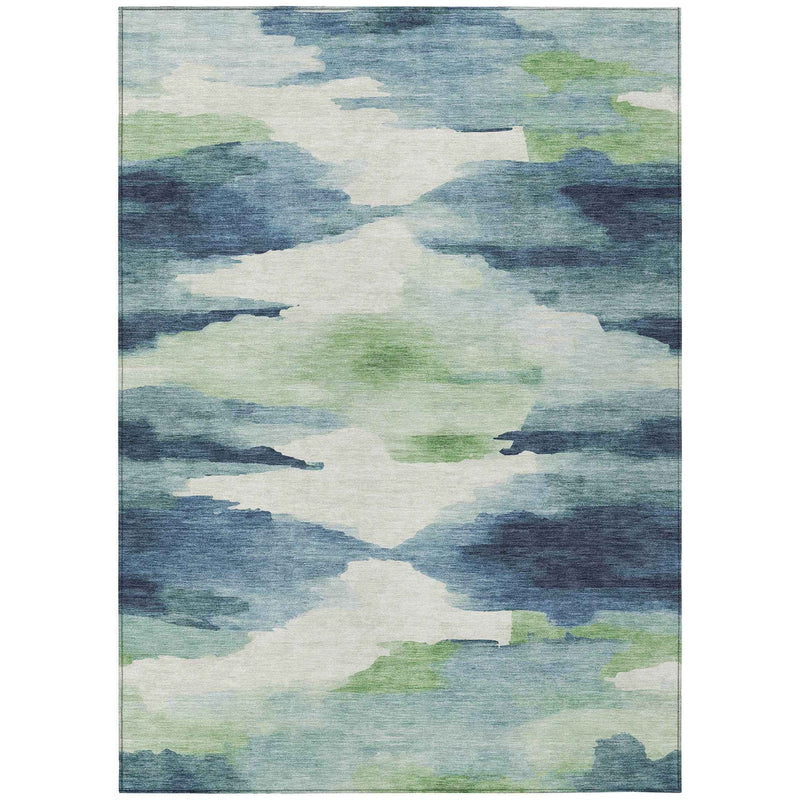 9' X 12' Blue Ivory And Green Abstract Washable Indoor Outdoor Area Rug