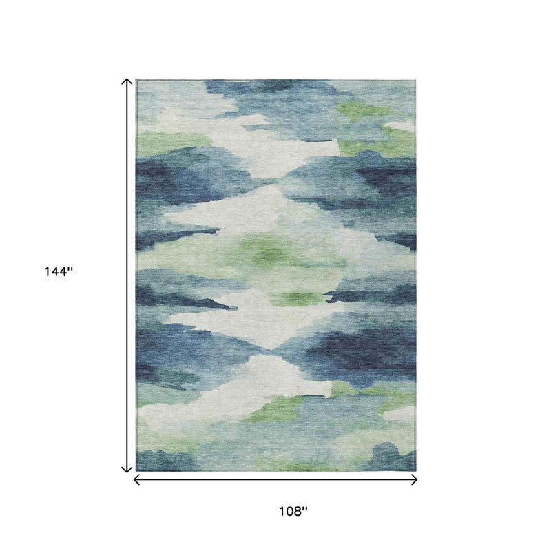 9' X 12' Blue Ivory And Green Abstract Washable Indoor Outdoor Area Rug
