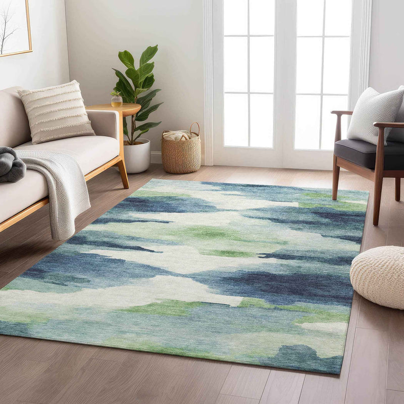 9' X 12' Blue Ivory And Green Abstract Washable Indoor Outdoor Area Rug