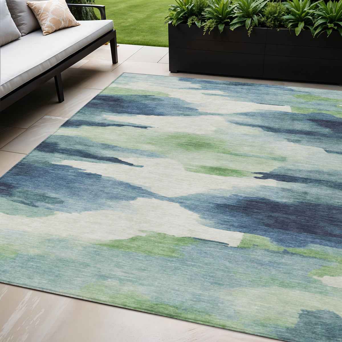 5' X 8' Blue Ivory And Green Abstract Washable Indoor Outdoor Area Rug