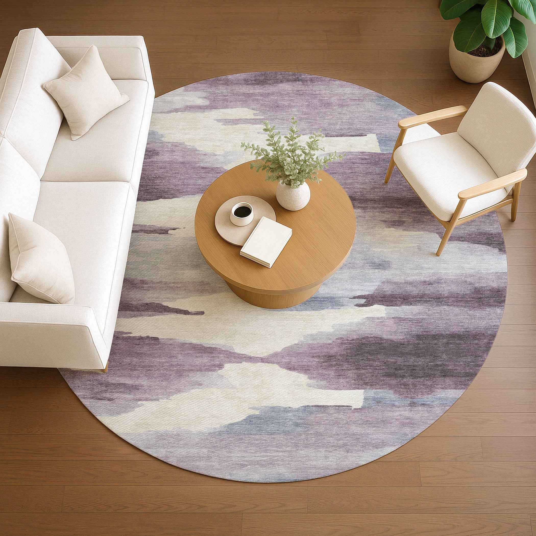 8' Plum And Ivory Round Abstract Washable Indoor Outdoor Area Rug