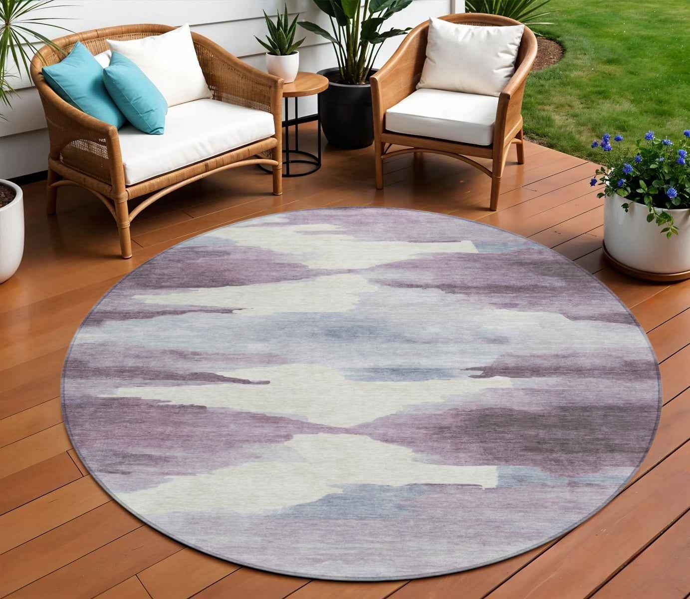 8' Plum And Ivory Round Abstract Washable Indoor Outdoor Area Rug
