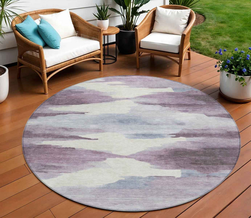 8' Plum And Ivory Round Abstract Washable Indoor Outdoor Area Rug