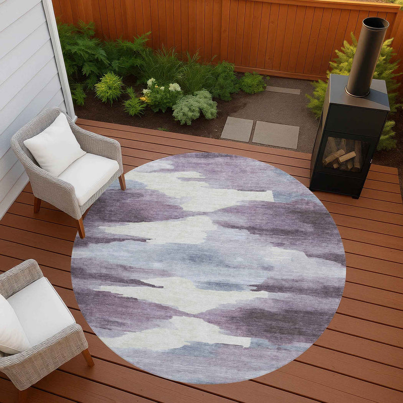 8' Plum And Ivory Round Abstract Washable Indoor Outdoor Area Rug