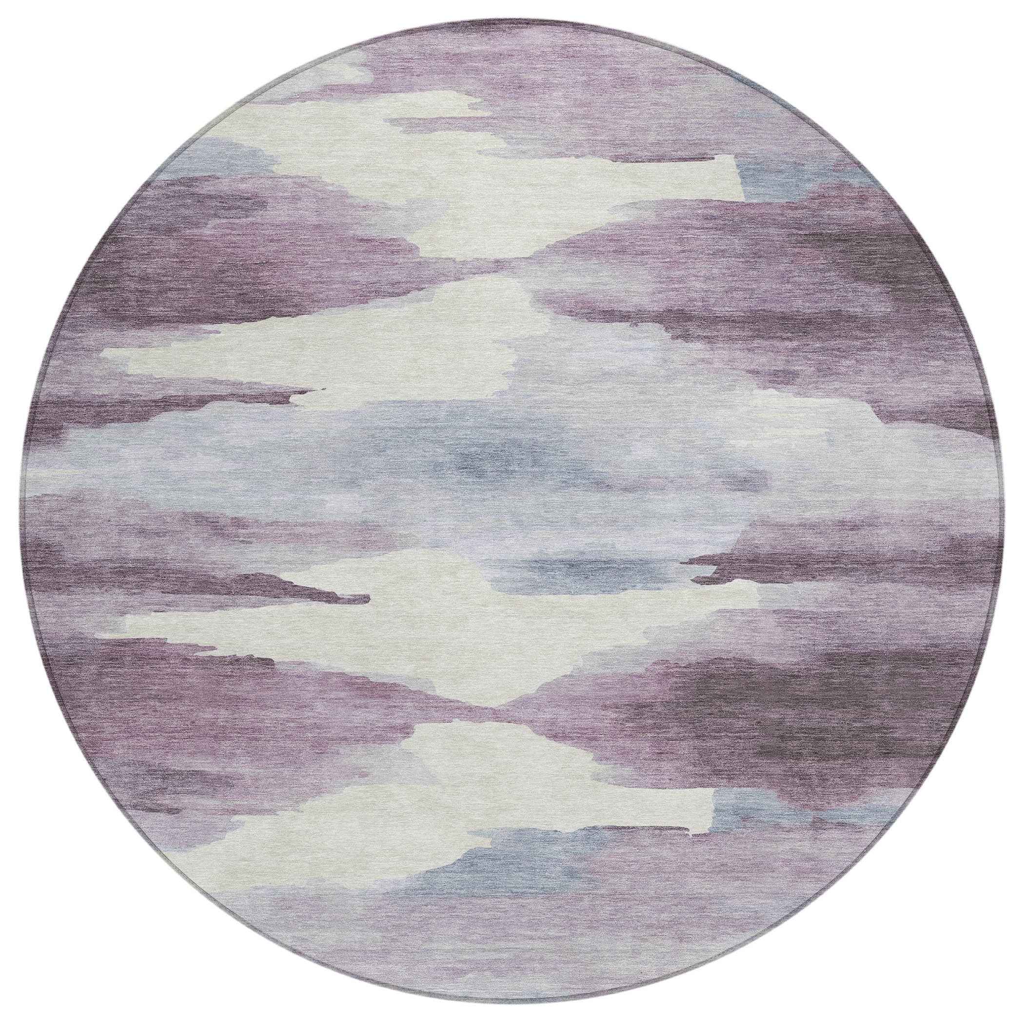 8' Plum And Ivory Round Abstract Washable Indoor Outdoor Area Rug