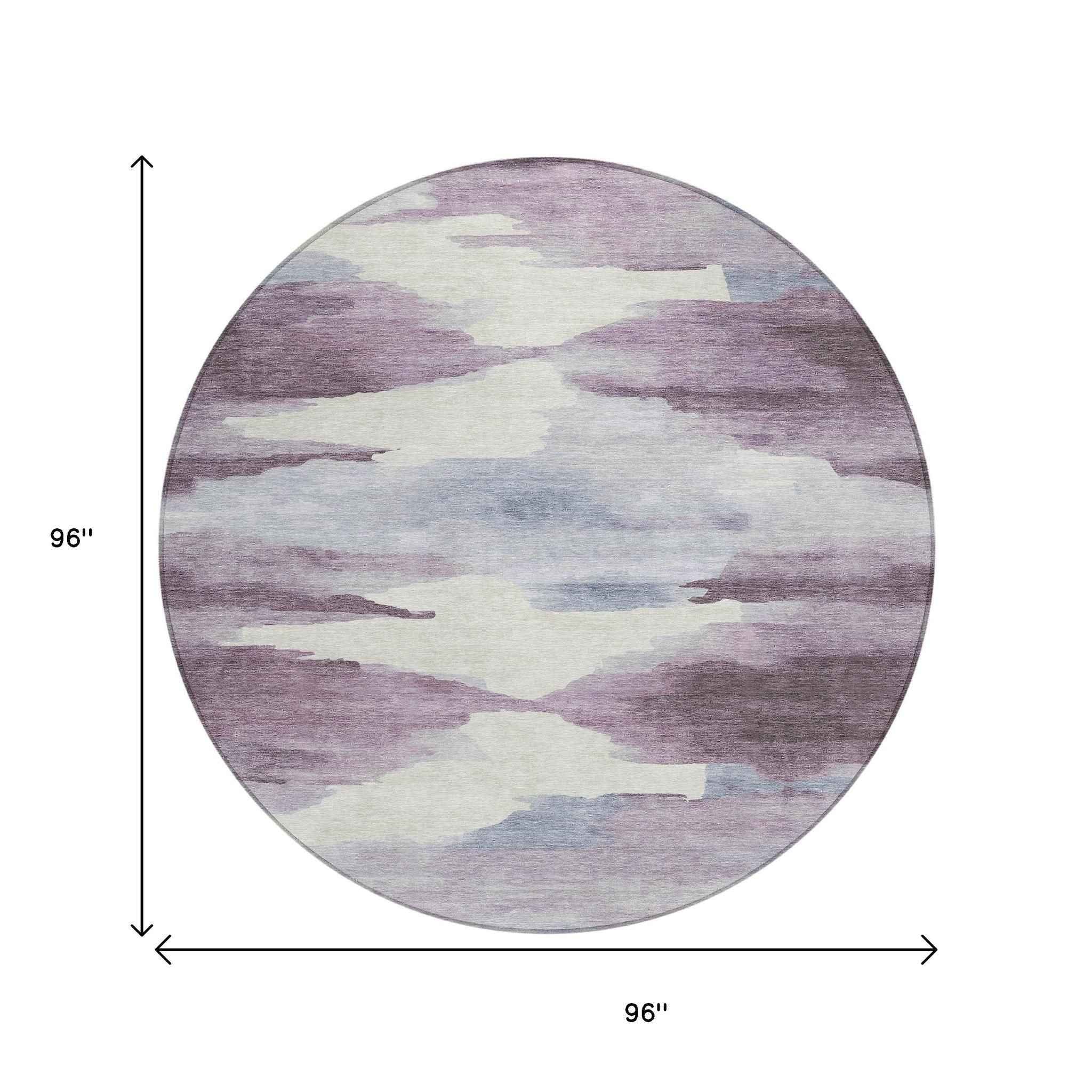 8' Plum And Ivory Round Abstract Washable Indoor Outdoor Area Rug