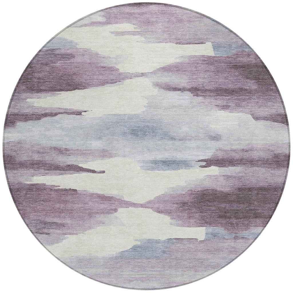 8' Plum And Ivory Round Abstract Washable Indoor Outdoor Area Rug