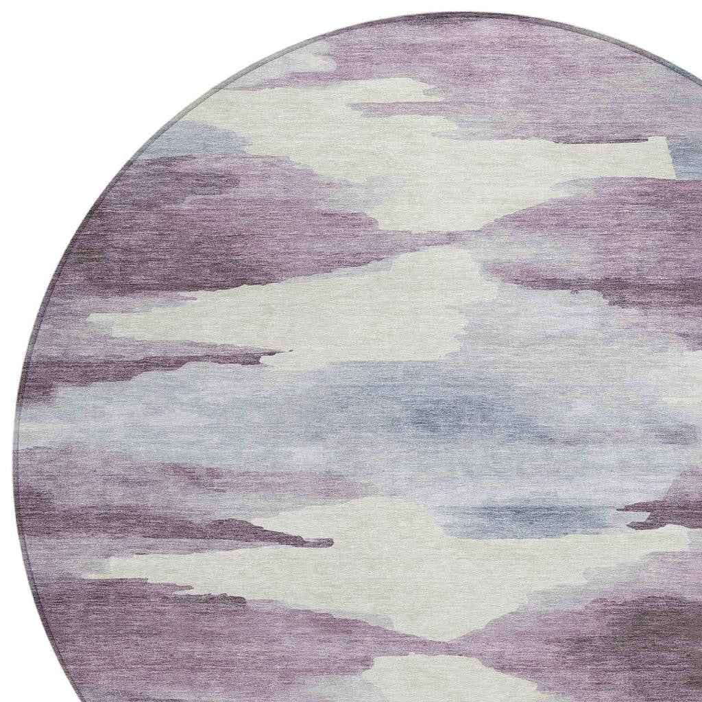 8' Plum And Ivory Round Abstract Washable Indoor Outdoor Area Rug