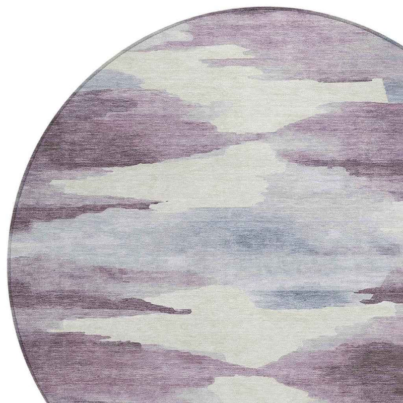 8' Plum And Ivory Round Abstract Washable Indoor Outdoor Area Rug