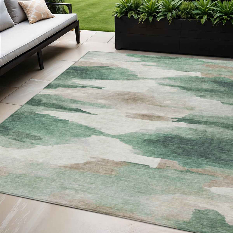 5' X 8' Green And Ivory Abstract Washable Indoor Outdoor Area Rug