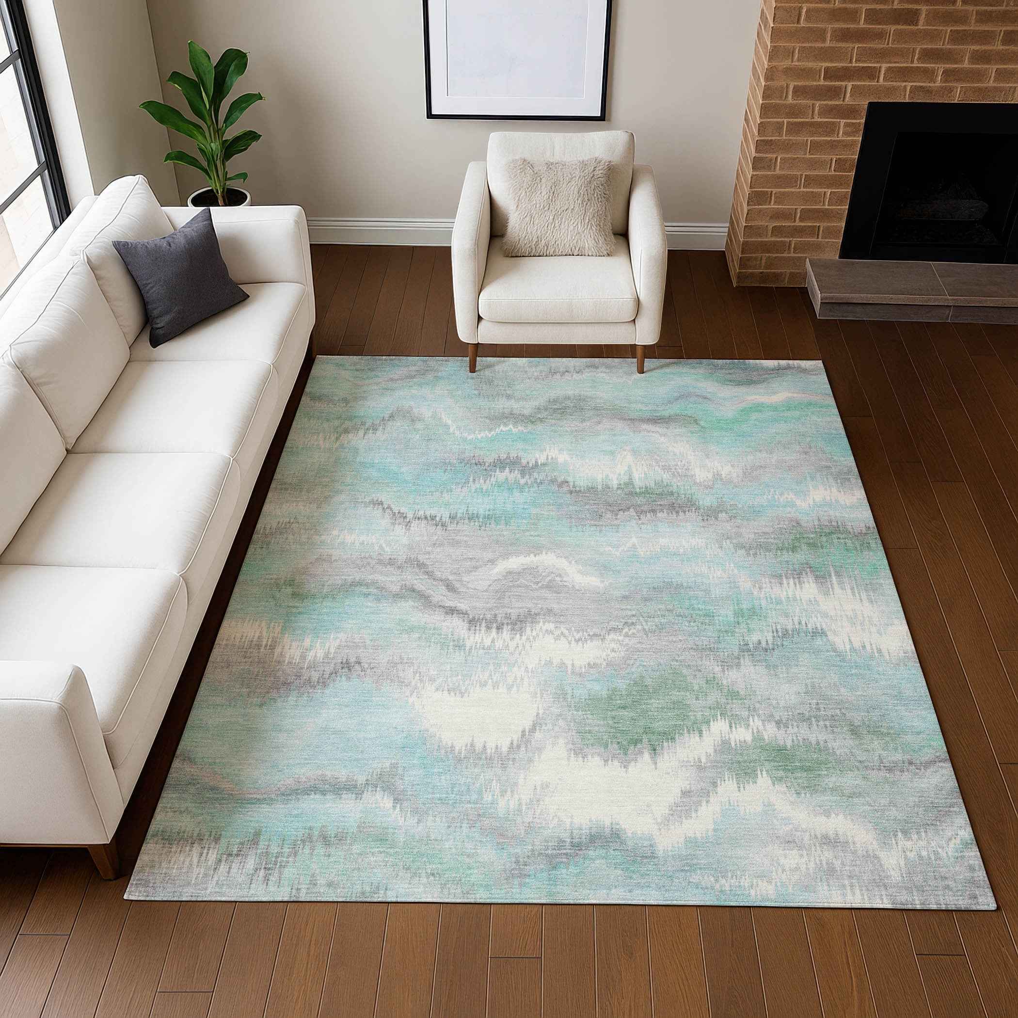 9' X 12' Teal Blue And Ivory Abstract Washable Indoor Outdoor Area Rug