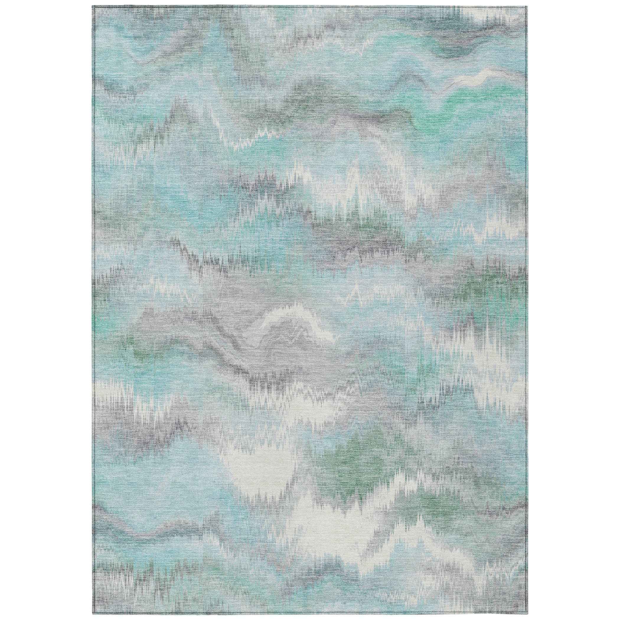 9' X 12' Teal Blue And Ivory Abstract Washable Indoor Outdoor Area Rug