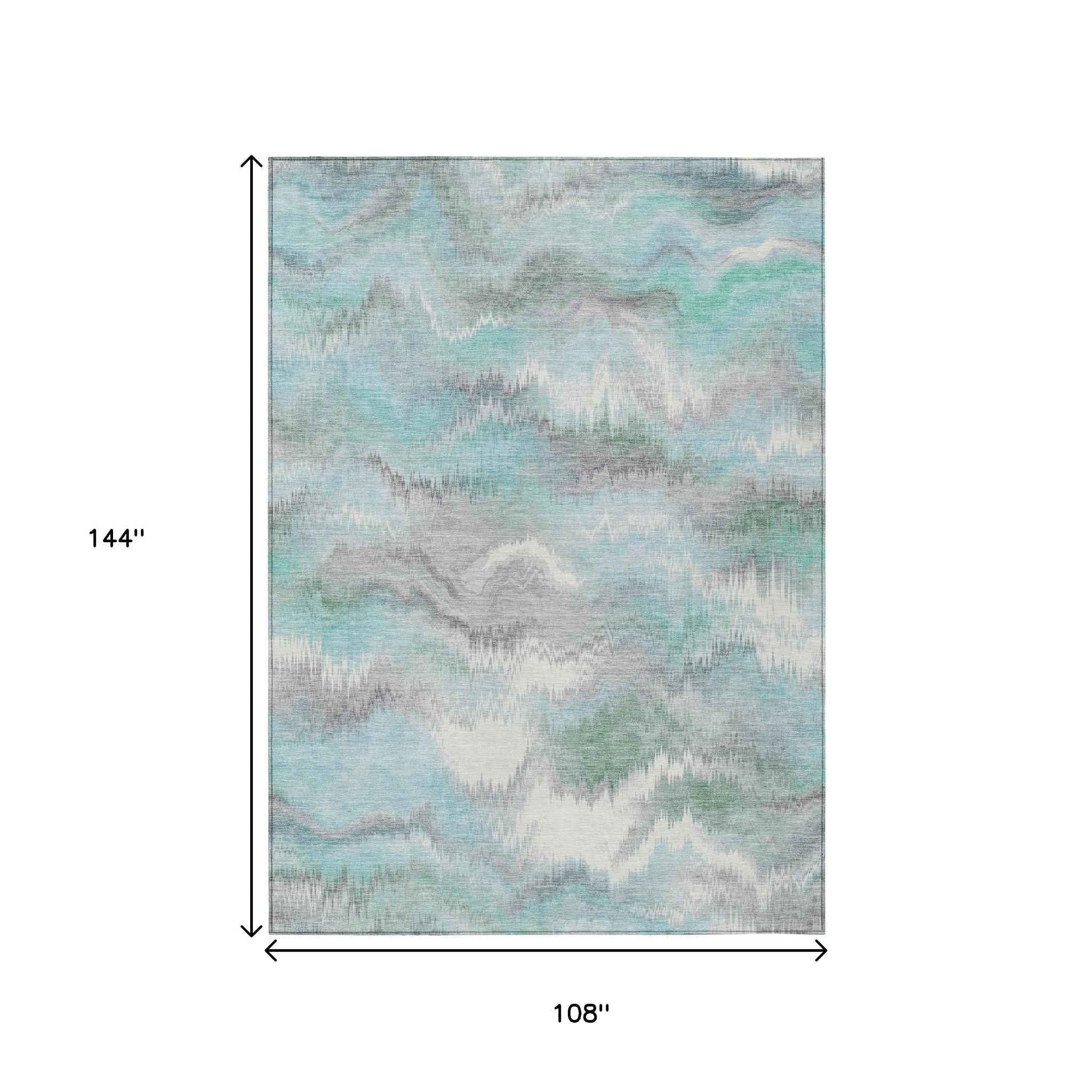 9' X 12' Teal Blue And Ivory Abstract Washable Indoor Outdoor Area Rug
