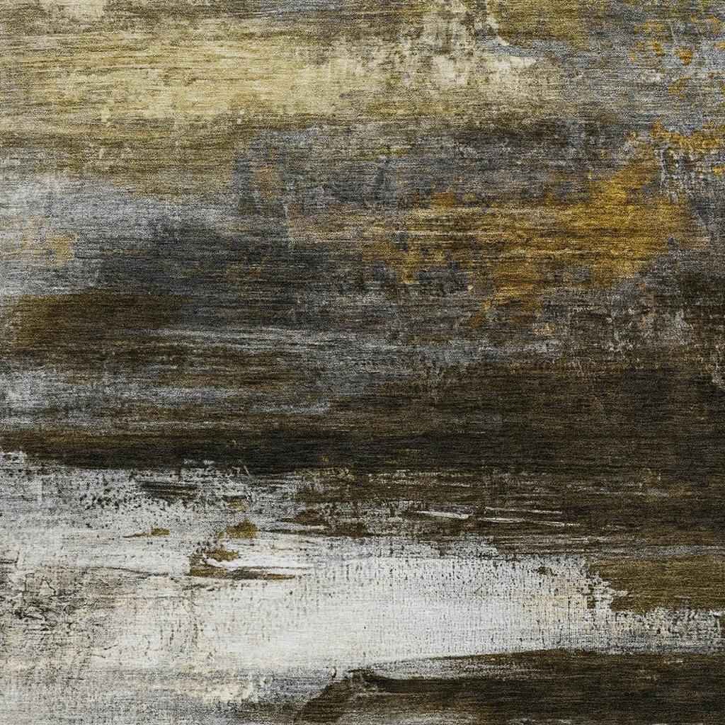 10' X 14' Chocolate Gold And Beige Abstract Washable Indoor Outdoor Area Rug