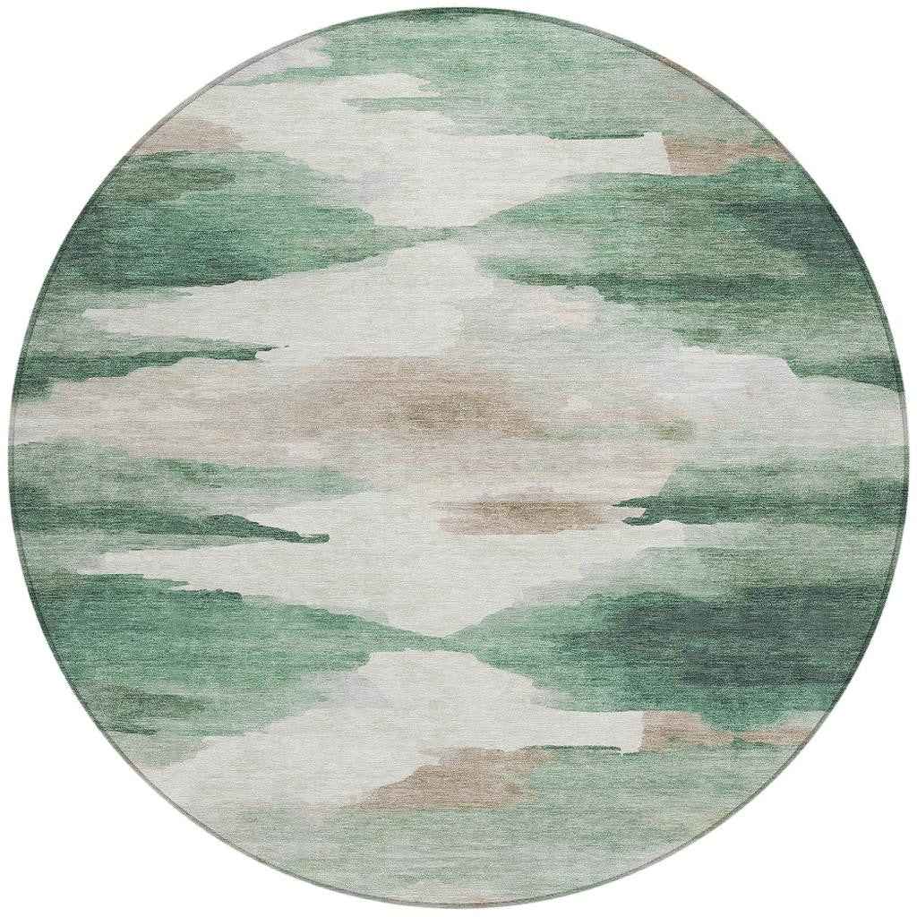 8' Green And Ivory Round Abstract Washable Indoor Outdoor Area Rug