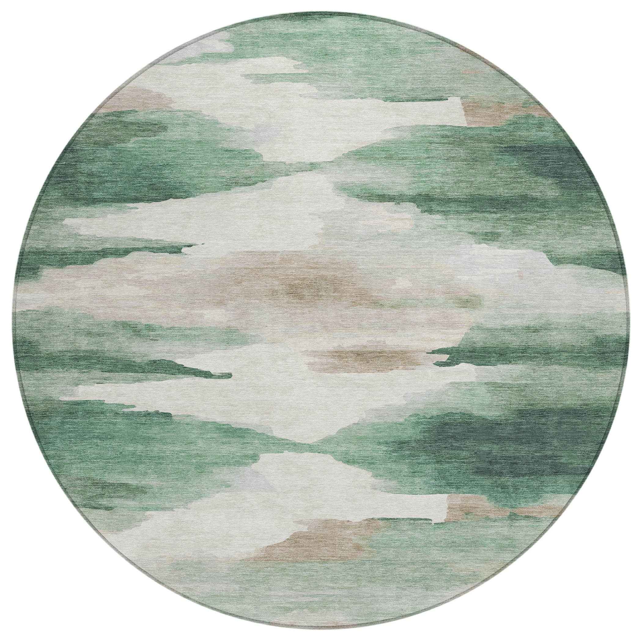 8' Green And Ivory Round Abstract Washable Indoor Outdoor Area Rug