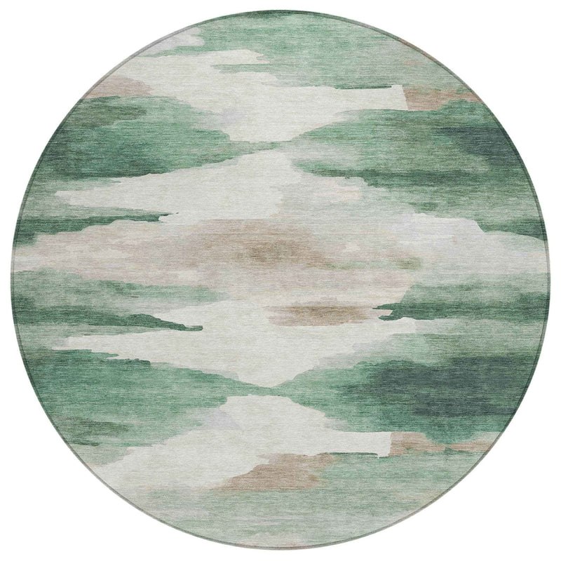 8' Green And Ivory Round Abstract Washable Indoor Outdoor Area Rug