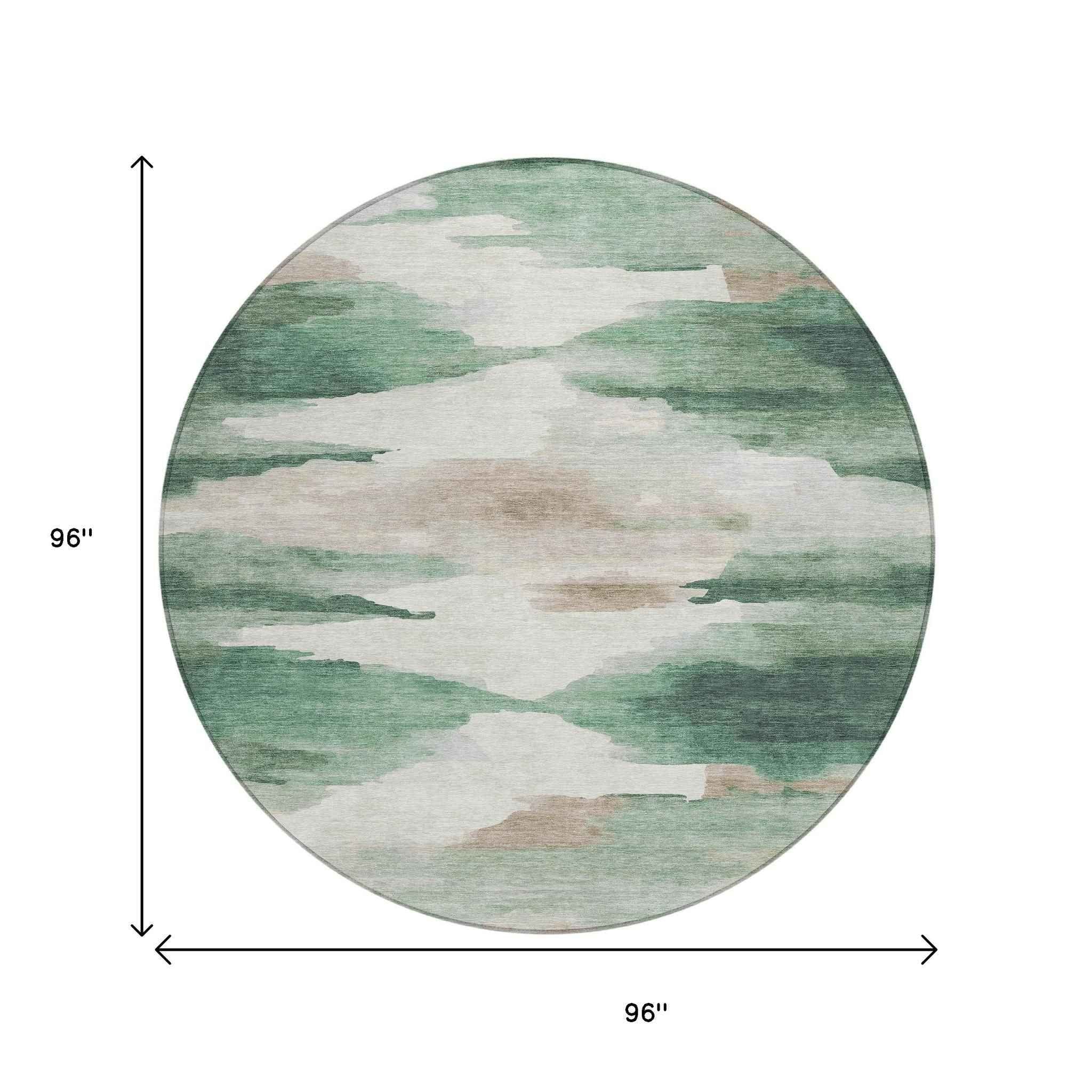 8' Green And Ivory Round Abstract Washable Indoor Outdoor Area Rug