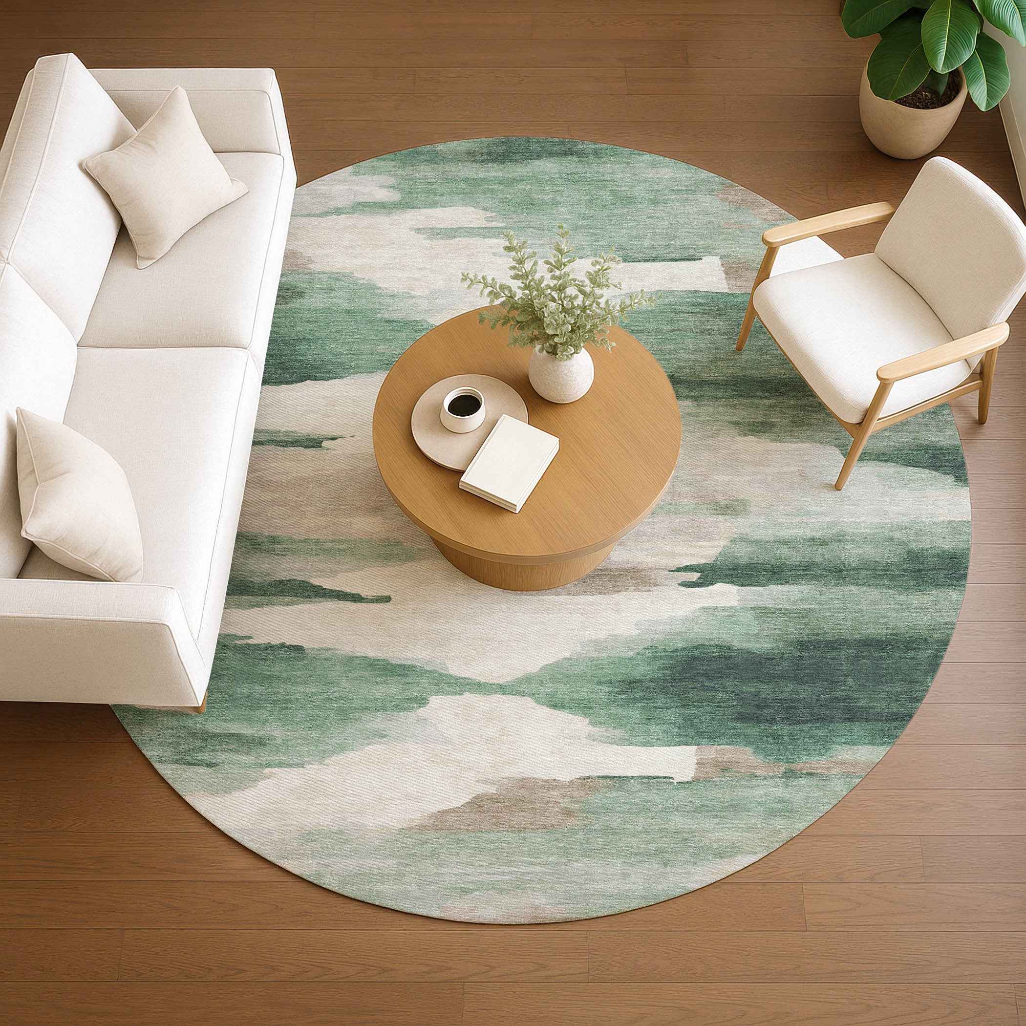 8' Green And Ivory Round Abstract Washable Indoor Outdoor Area Rug