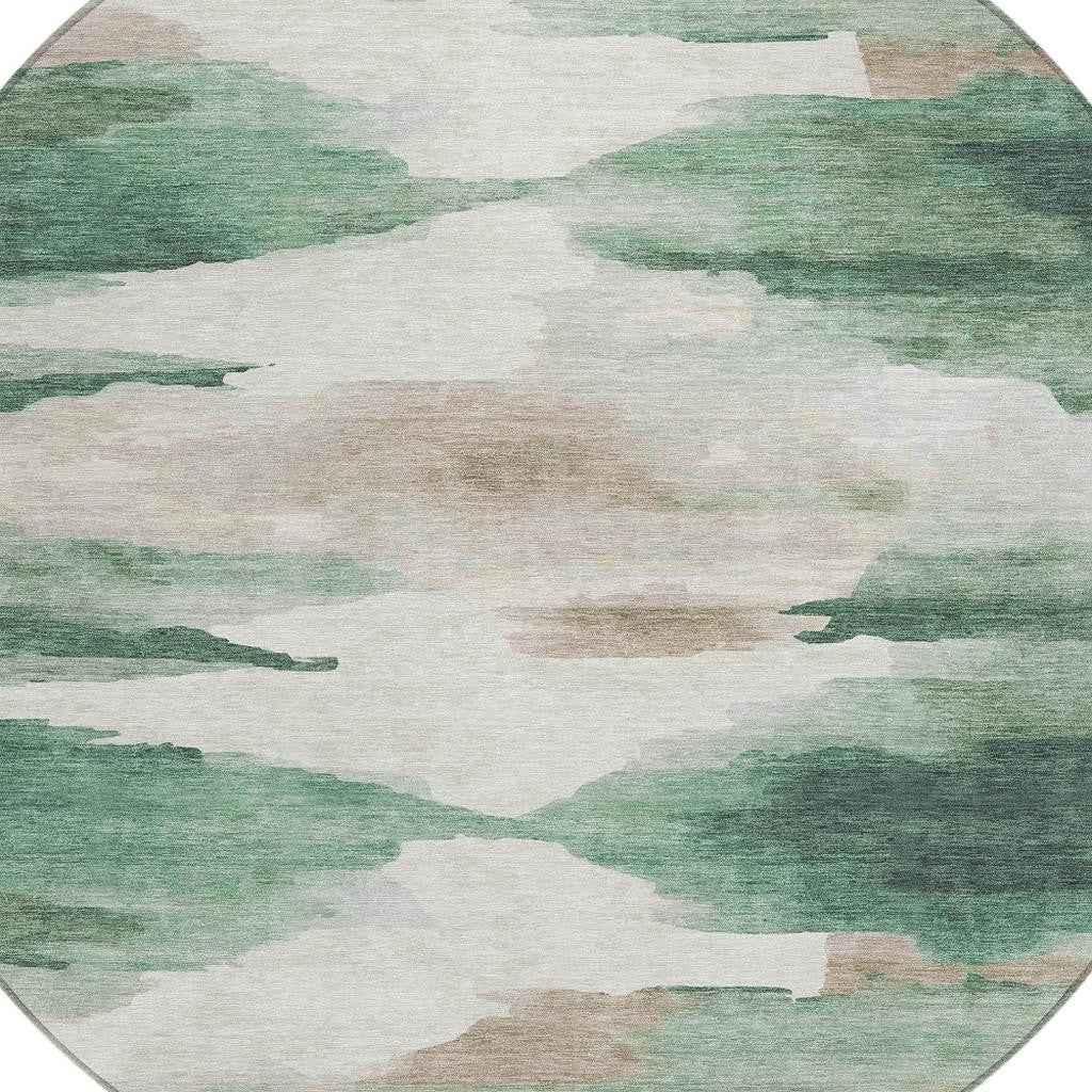 8' Green And Ivory Round Abstract Washable Indoor Outdoor Area Rug