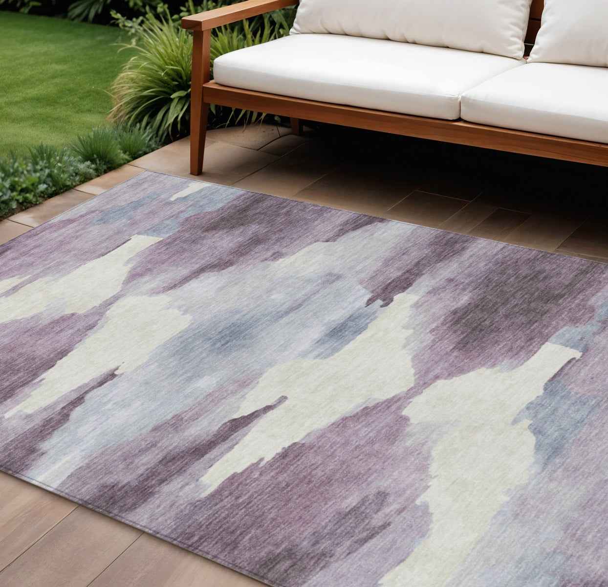 8' X 10' Plum And Ivory Abstract Washable Indoor Outdoor Area Rug