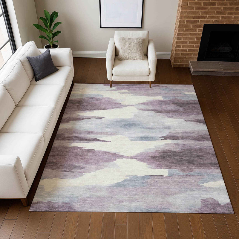 8' X 10' Plum And Ivory Abstract Washable Indoor Outdoor Area Rug