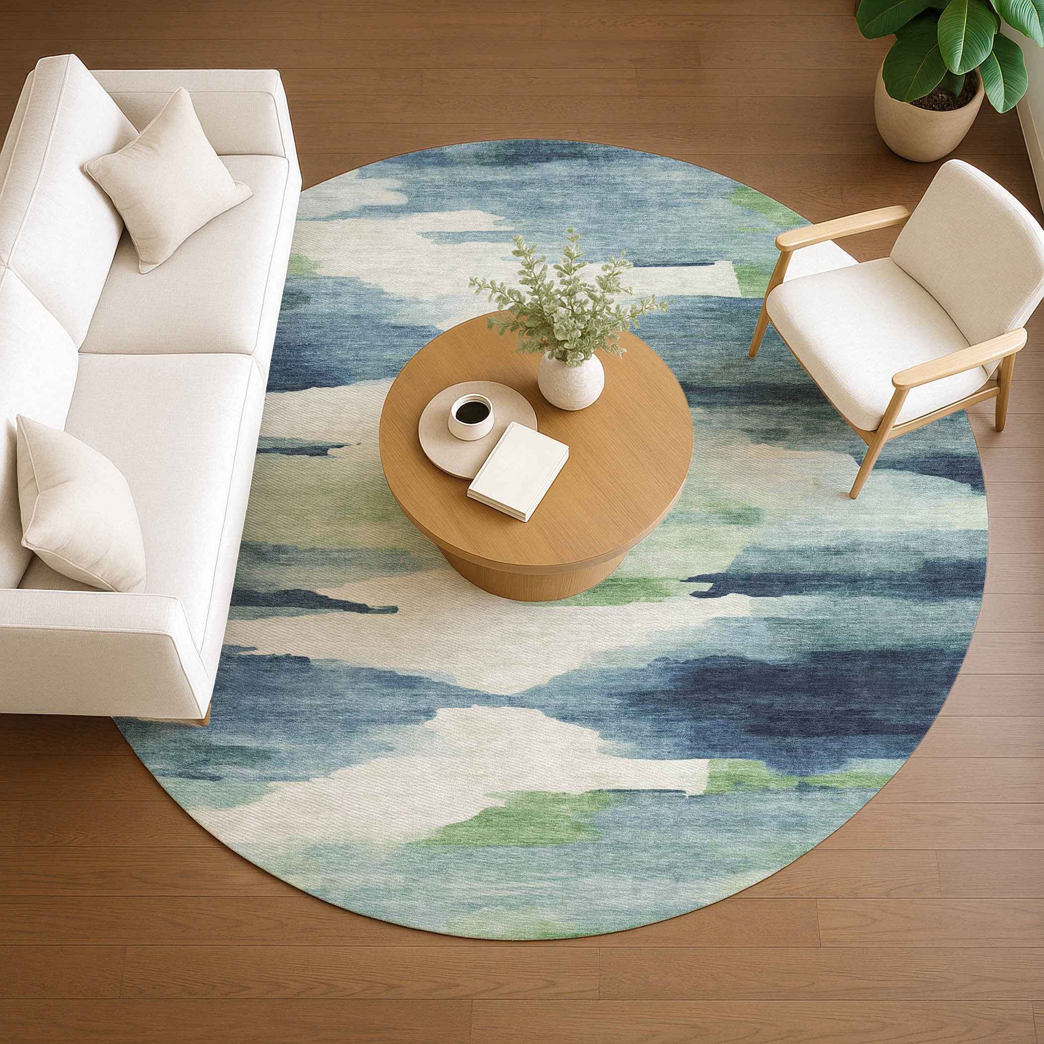 8' Blue Ivory And Green Round Abstract Washable Indoor Outdoor Area Rug Default Title